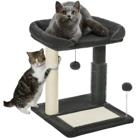 Dark Grey 20" Tall 4-in-1 Cat Tree Tower, Sisal Scratching Post with Self Groomer Plush Perch Bed Dangling Ball for Kittens