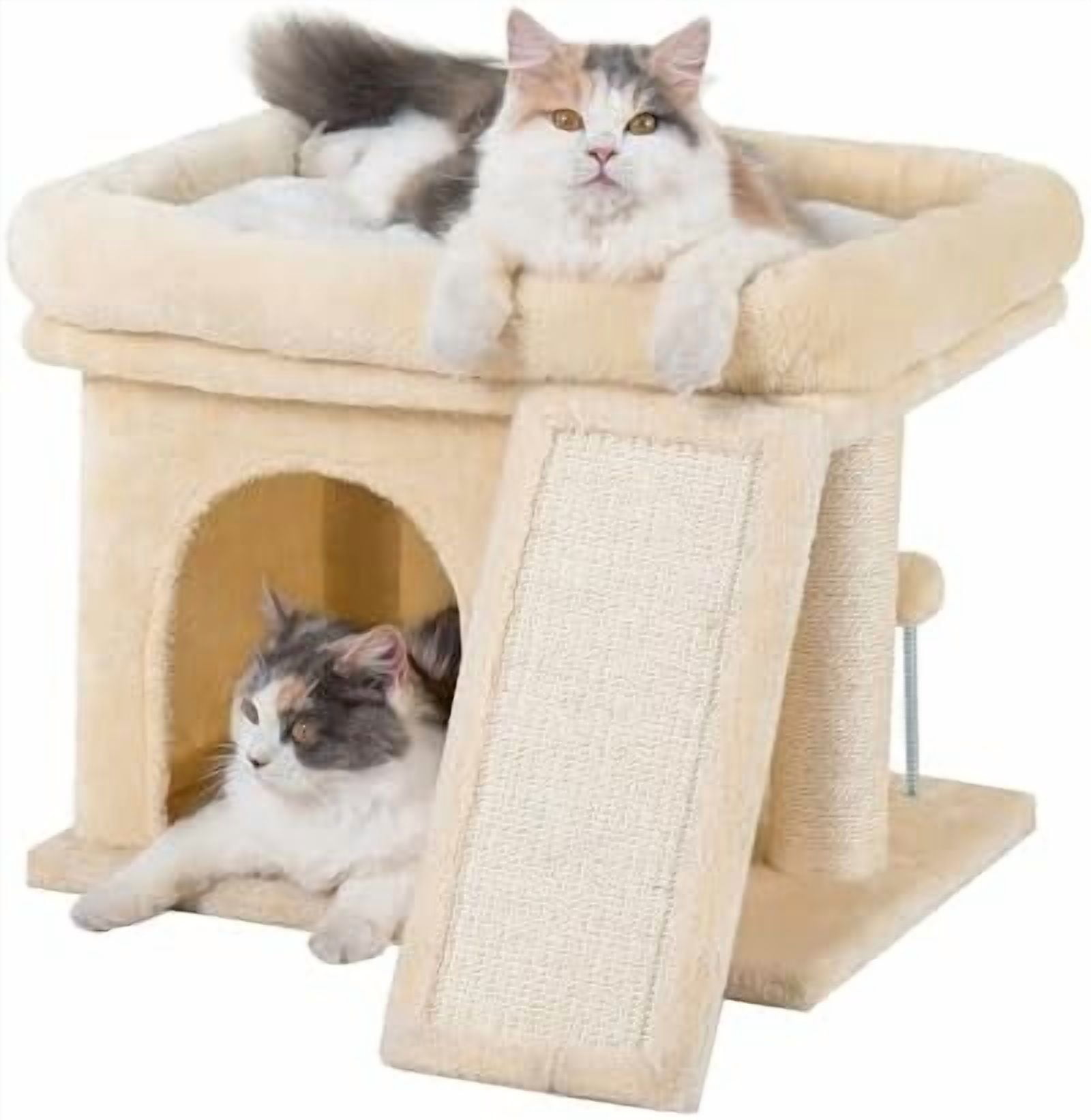 Small Cat Tree Tower for Large Cat, Cat Bed House with Large Perch for Adult Cats, 20 * 16.5 Inch Big Platform for Indoor with Super Cozy Soft Mat, Large Cat Condo with Scratching Post, Beige