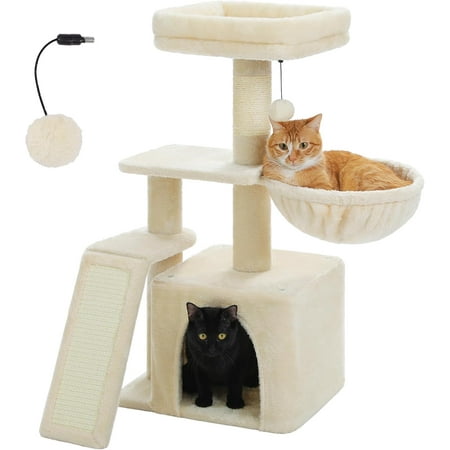 Small Cat Tree for Indoor Cats, 32'' Cute Cat Tower Cat Condo with Sisal Scratching Ramp, Cozy Hammock and Removable Top Bed Perch for Kittens, Beige