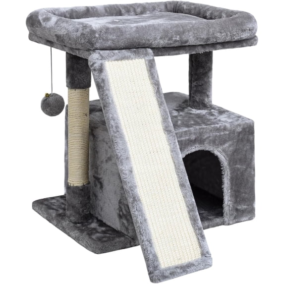 Small Cat Tree for Indoor Cats, Cat Tower with Scratching Post and Board, Cat House with Perch for Kitten, Stable Condo and Stand (Light Grey)