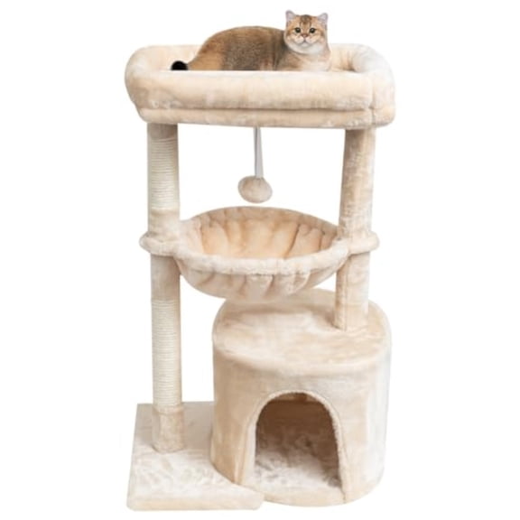 Small Cat Tree for Indoor Cats Kittens Condo with Scratching Post and Board Modern Activity Tower with Cradle Beige