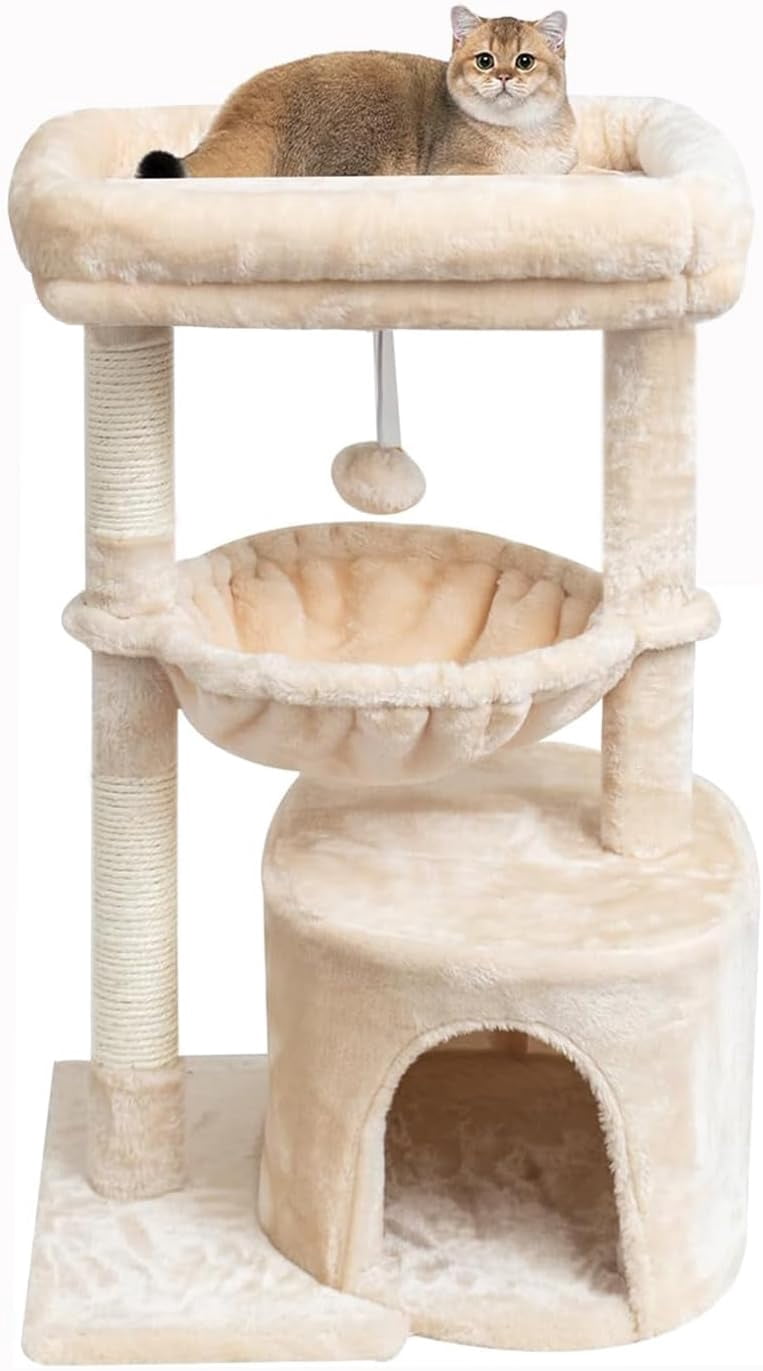 Small Cat Tree for Indoor Cats, Kittens Condo with Scratching Post and Board, Modern Activity Tower with Cradle, Beige