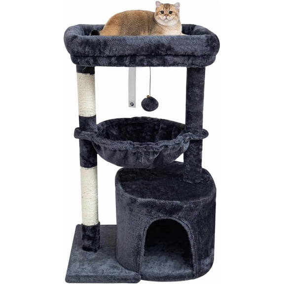Small Cat Tree with Scratching Post Padded Perch and Cradle Smoky Grey 29.6 Inch