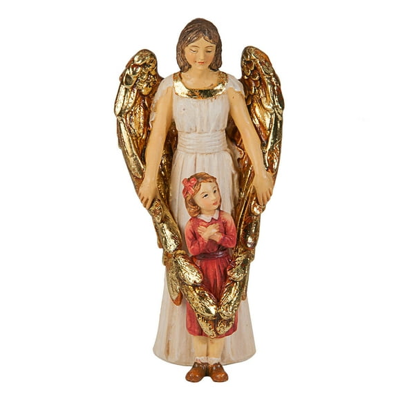 Small Catholic 4" Guardian Angel With Girl Hand Painted Solid Resin Patron Saint Statue