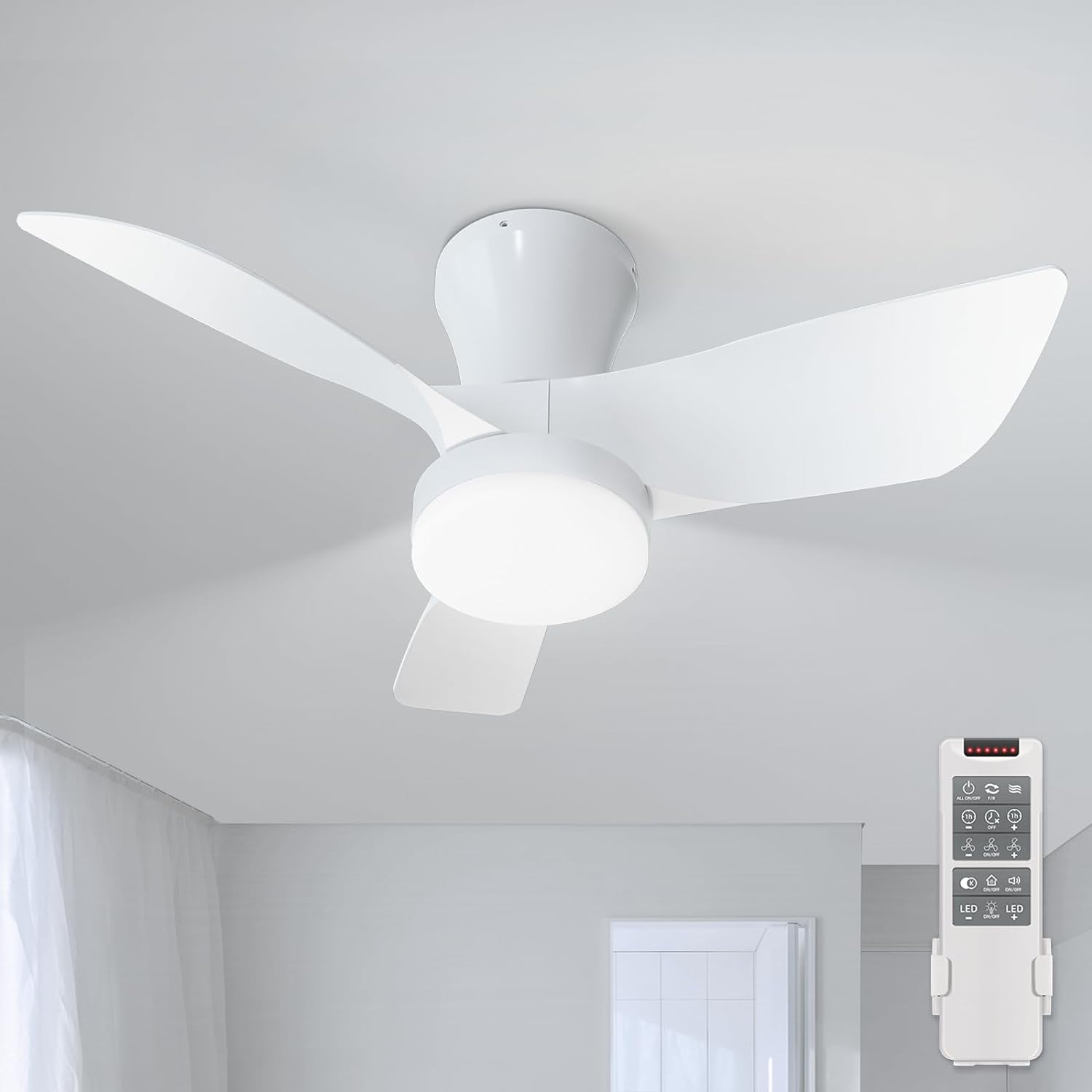 Small Ceiling Fans with Lights, 30in Flush Mount Ceiling Fan with Light and Remote, 3CCT