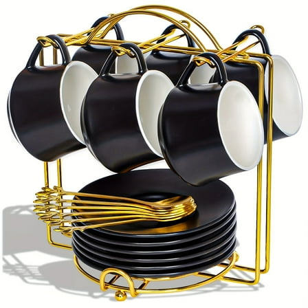 Small Ceramic 4oz Cappuccino Coffee Cups Set of 6 with Saucers, Spoons, Metal Stand, Cute Demitasse Cups with Handle for Lungo, Double Espresso, Cortado