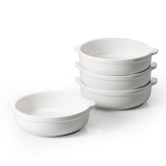 Ceramic Mini Baking Dishes Set of 4, 6 Inch Individual Casserole Dishes with Handles, Oven Safe Round Baking Bowls for Baked Eggs, Mac & Cheese, Pot Pie, Souffl & Desserts, White