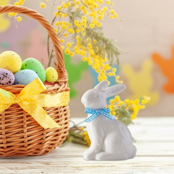 Small Ceramic Bunny Figurines, Porcelain Rabbit Statues with Blue Gingham Bow, White Easter Bunny Decor for Spring Home, Tabletop, Mantle, Shelf & Easter Decorations, Elegant Easter Gifts for Women