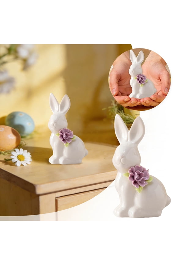 Small Ceramic Bunny Figurines, Porcelain Rabbit Statues with Blue Gingham Bow, White Easter Bunny Decor for Spring Home, Tabletop, Mantle, Shelf & Easter Decorations, Elegant Easter Gifts for Women