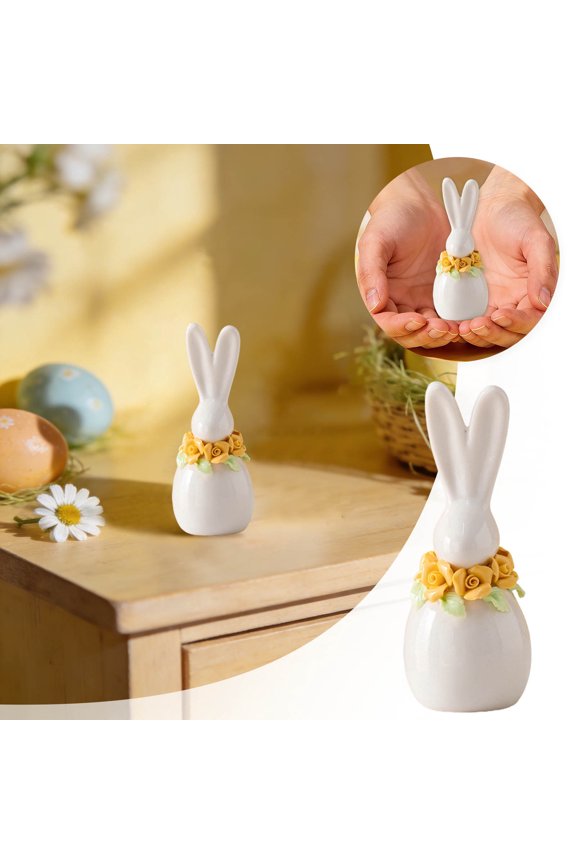 Small Ceramic Bunny Figurines, Porcelain Rabbit Statues with Blue Gingham Bow, White Easter Bunny Decor for Spring Home, Tabletop, Mantle, Shelf & Easter Decorations, Elegant Easter Gifts for Women