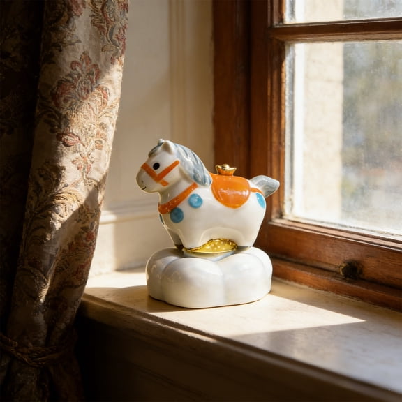 Small Ceramic Carousel Horse Figurine With Rotating Base, Crystalline Glazed Finish, Desk Or Shelf Decoration, Stress Relief Gift, Compact 2.6 Inch Accent For Living Room Office Or Entryway Display