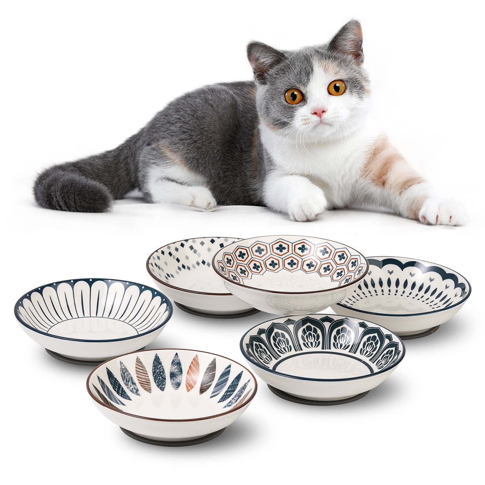 Small Ceramic Cat Food Bowl - Wide Shallow Cat Bowl with Non-Slip Mat - Whisker Friendly Cat Feeding Bowls - Japanese Style Cute Cat Dish - Cat Plates - Dishwasher Safe - Set of 6 - 8.5 oz - 5.75 inch