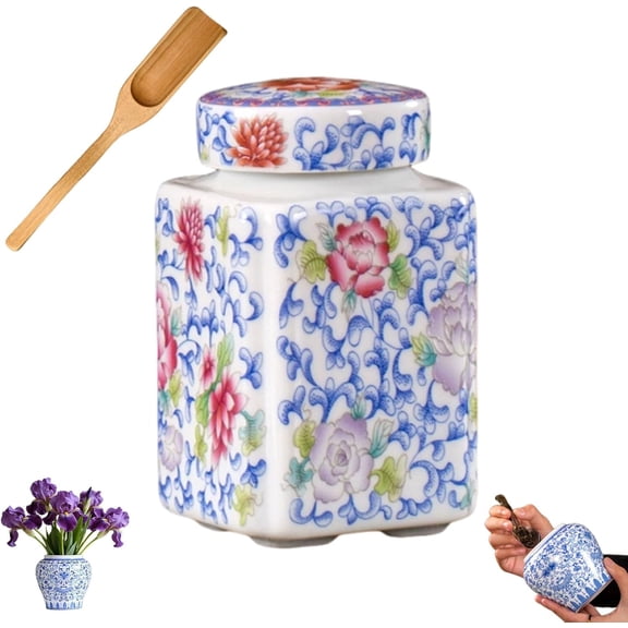Small Ceramic Ginger Jars with Lid in Gift Box, Blue and White Chinoiserie Porcelain Decorative Vase, Preserving tea, Shelf Accent for Home Decor