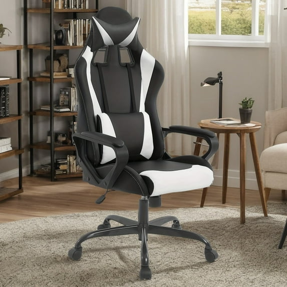 Gaming Chair, Office Chair High Back Computer Chair Leather Desk Chair Racing Executive Ergonomic Adjustable Swivel Task Chair with Headrest and Lumbar Support, White
