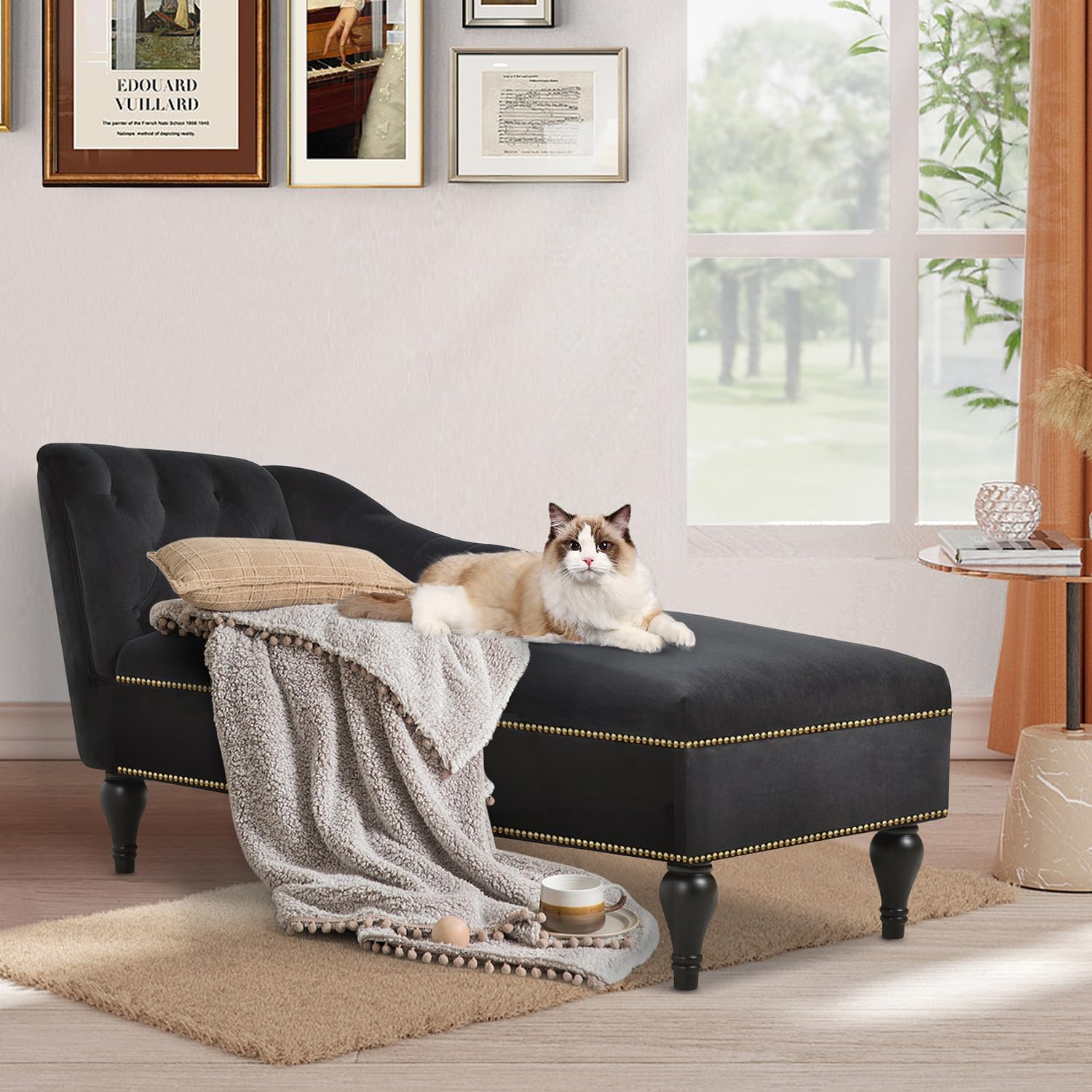 Small Chaise Lounge Chair With Nailhead, Modern Tufted Velvet Lounger