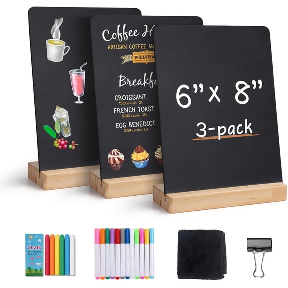 Small Chalkboard Words Sign - 3 Pack 6x8 Inch Tabletop Decorative Chalk Board with Wooden Stand, Mini Double-Sided Erasable Message Menu Board for Food, Business, Wedding, Party