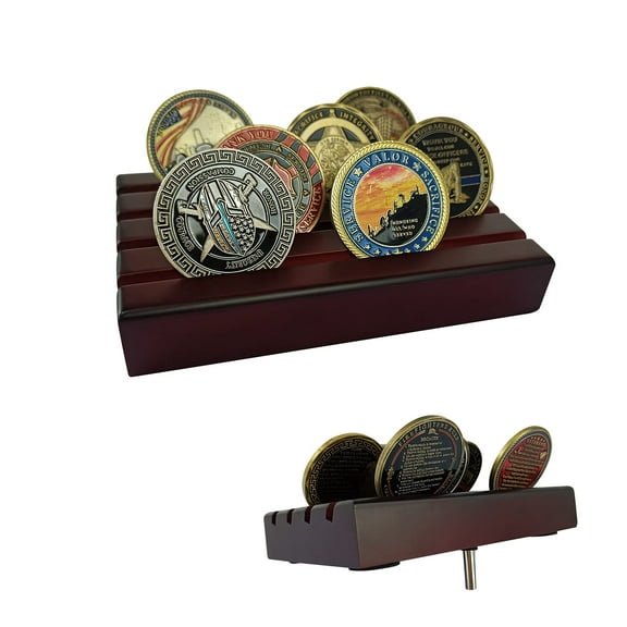 Small Challenge Coin Display Stand, Solid Wood 4 Rows Military Coin Holder Rack Case Holds 10-12 Coins, Red Finish