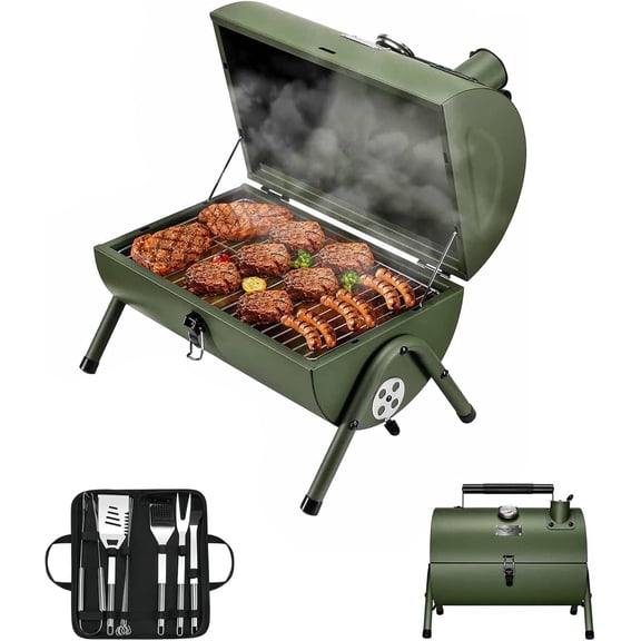 Small Charcoal Grill Portable Tabletop BBQ Smoker with 9-Piece Stainless Steel Tool Set Green Kit