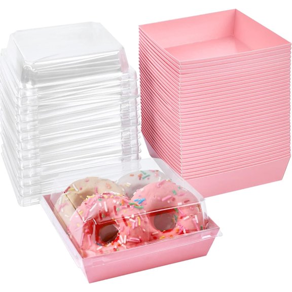 Small Charcuterie Boxes with Clear Lids, To Go Paper Disposable Food Containers, 5 Inches Bakery Dessert Boxes for Sandwich, Cookie, Pastry, Cake Slice (Pink, 100ct)