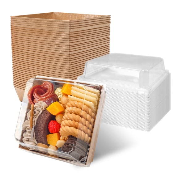 Small Charcuterie Boxes with Clear Lids, 5.3x4.9x2.5 Inch Square Dessert To-Go Containers for Cookies, Sandwiches, Cake Slices(Brown, 60 Pack)
