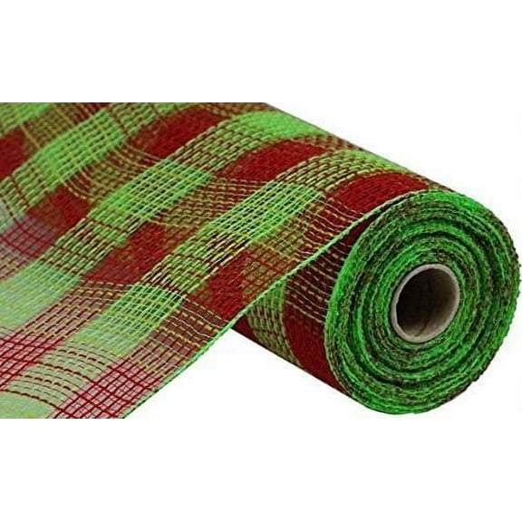 Small Check/Faux Jute Deco Mesh, 10.5 Inch x 10 Yards Red, Fresh Green