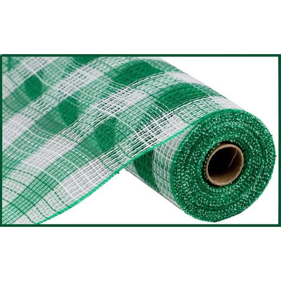 Small Check Faux Jute Deco Mesh, Emerald, White - 10.5 Inch x 10 Yards (30 Feet)