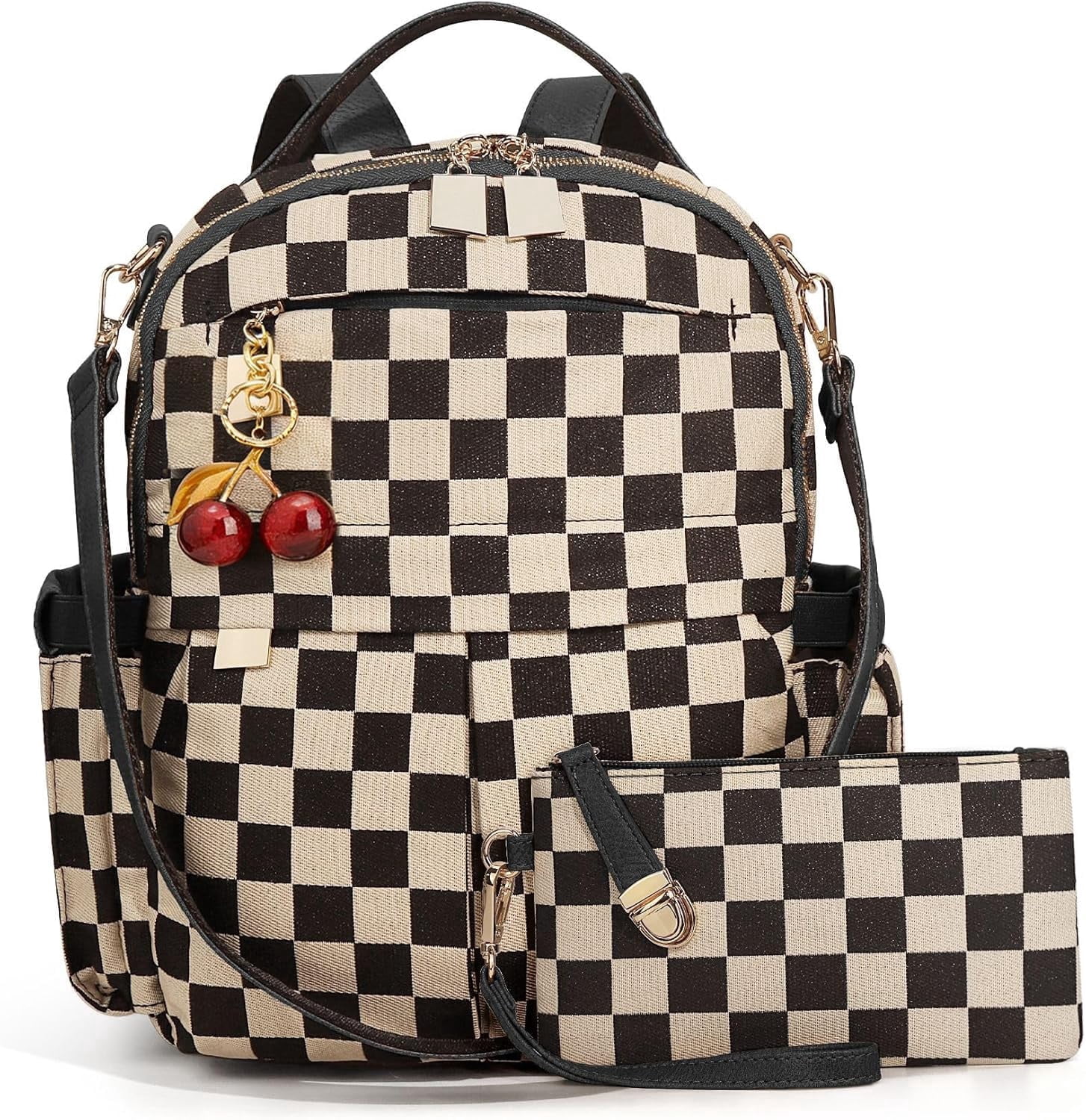 Small Checkered Backpack for Women, With Cherry Pendant 