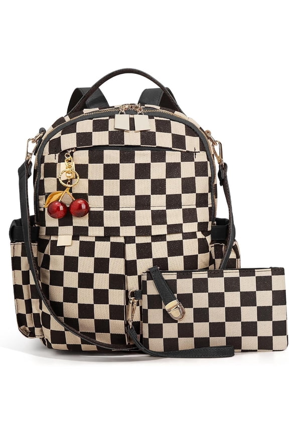 Small Checkered Backpack for Women, With Cherry Pendant, Shoulder Handbag With Multi-Compartment Purses For Travel/Work/Shopping (Style B-Black)