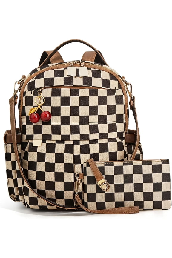 Small Checkered Backpack for Women, With Cherry Pendant, Shoulder Handbag With Multi-Compartment Purses For Travel/Work/Shopping (Style B-Brown)