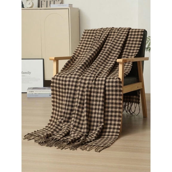 Small Checkered Brown Gingham Knit Throw Blanket, Nordic Style Acrylic Sofa Blanket With Fringe