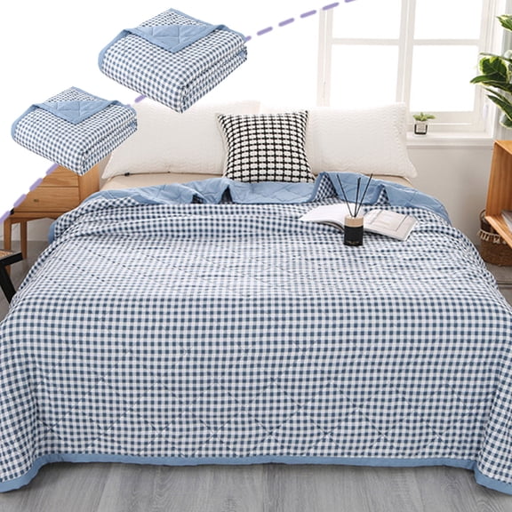 Small Checkered Washed Cotton Summer Cooling Quilt, Soft Refrigerated Comforter for Naked Sleeping, Breathable Summer Air-Conditioning Quilt that Provides Sleep, Easter Decor, 79*59in, Blue
