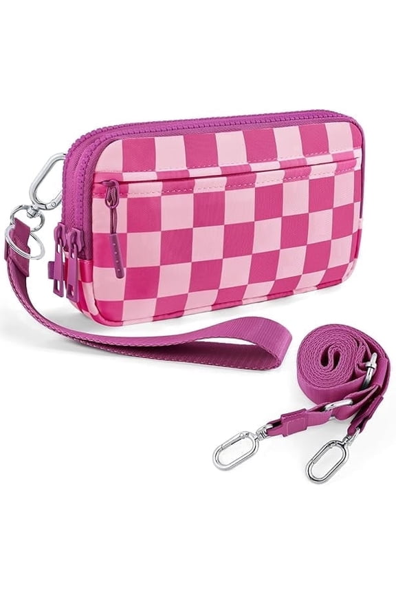 Small Checkered Wristlet Wallets Nylon Quilted Wallet with 4 Zippers ID Window Lightweight Travel Credit Card Holder Clutch Purse 2 Straps Cell Phone Organizer Crossbody Bag for Women(Rose)