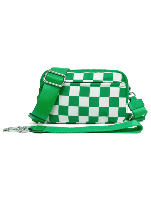 Small Checkered Wristlet Wallets Nylon Quilted Wallet with 4 Zippers ID Window Lightweight Travel Credit Card Holder Clutch Purse 2 Straps Cell Phone Organizer Crossbody Bag for Women(GREEN)