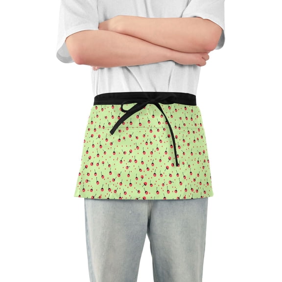 Small Cherry Fruits Server Apron with 3 Pockets Waterproof Waitress Waist Short Apron for Man Woman 12 Inches