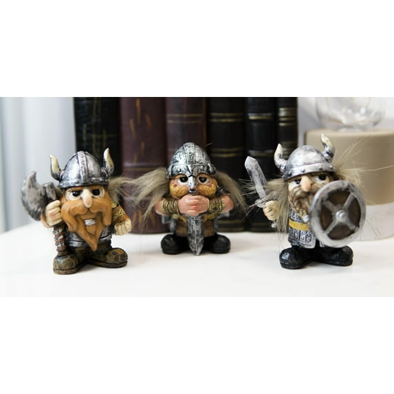Small Chibi Norse Viking Berserk Warriors with Axe Sword Shield Statue Set of 3