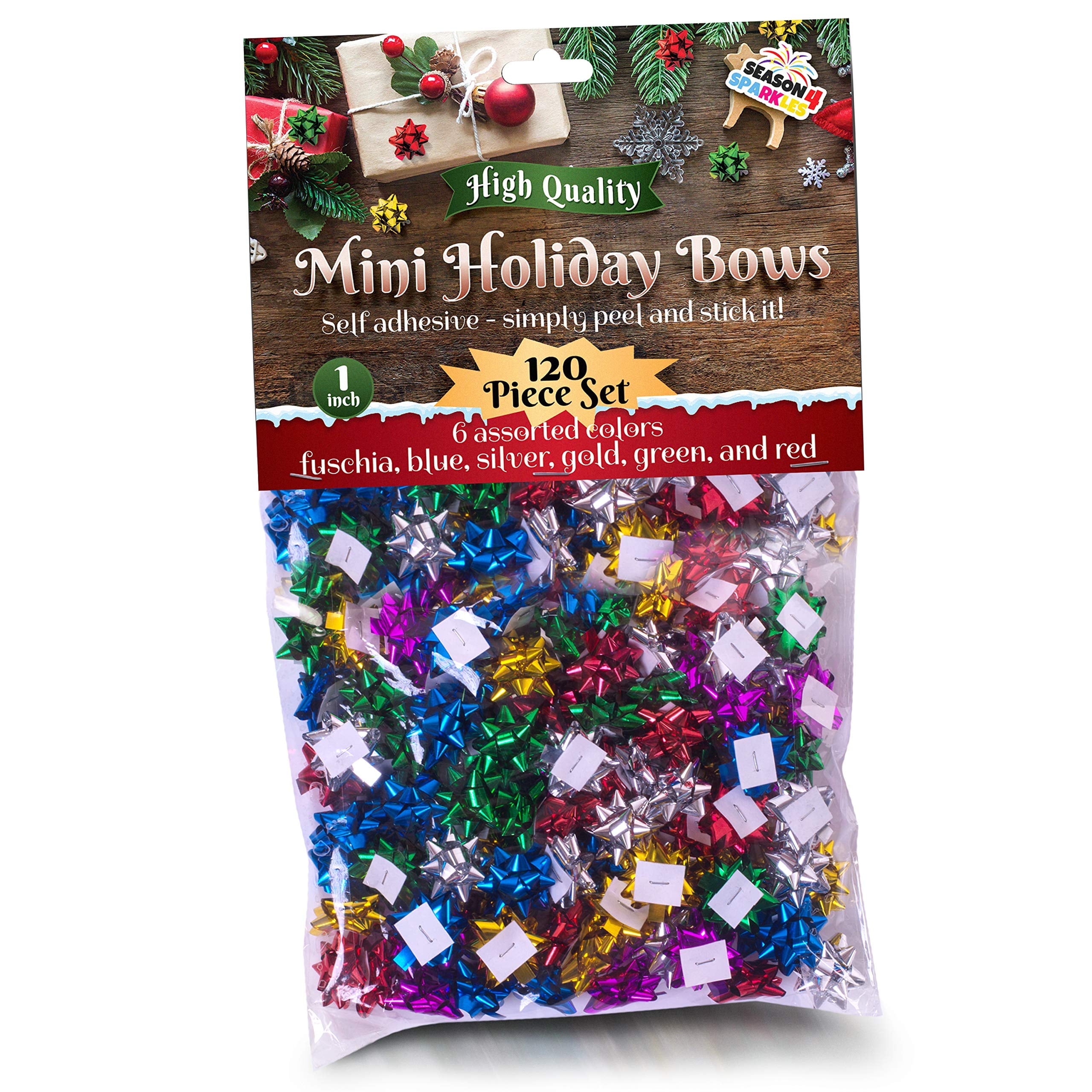 Mini Holiday Bows 1-Inch Assorted Colors 120-Piece Set