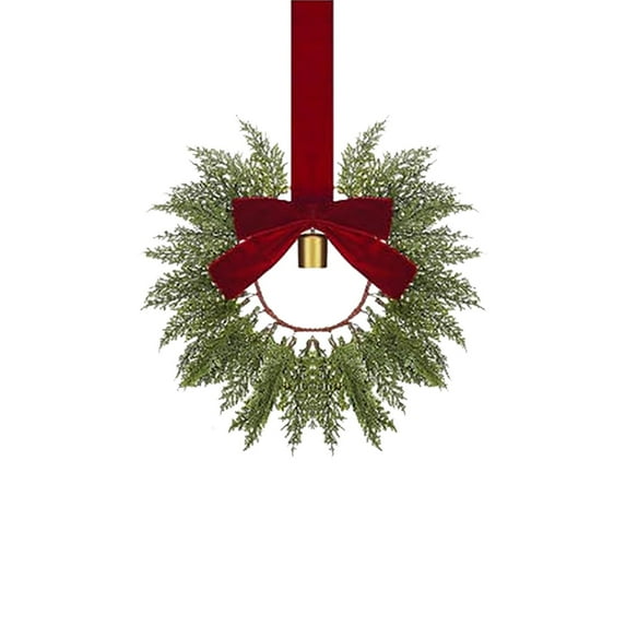Small Christmas Cabinet Wreath 9.8" Mini Greenery Wreath with Ribbon Bell for Window Door Chair Backs Holiday Farmhouse Decoration