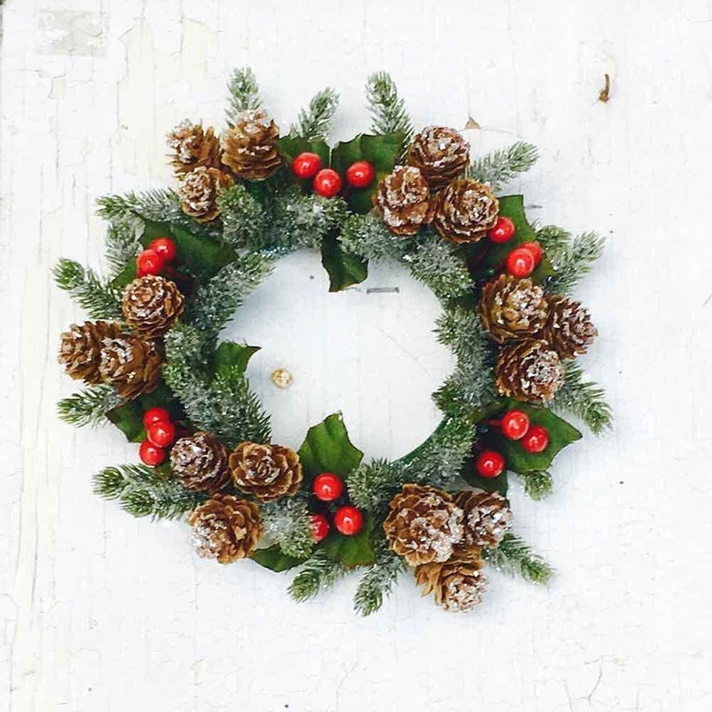 Small Christmas Candle Ring for Holiday 7inch Artificial Holly Candle