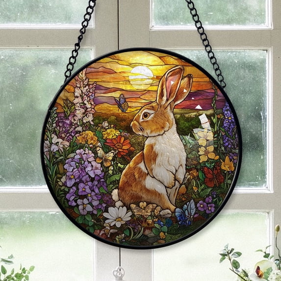 Small Christmas Gift - Cute Bunny Xmas Stained Glass Hanging Ornament - Cozy Cabin Holiday Tree Decor, Christmas Gift for Mom, Dad, Friends, Family