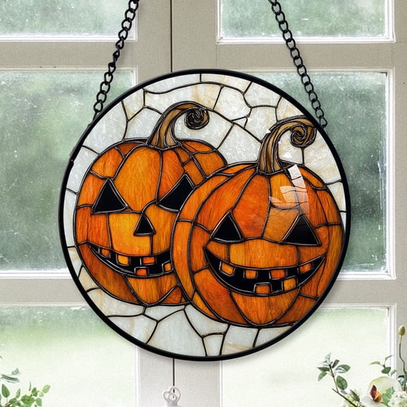 Small Christmas Gift - Halloween Evil Pumpkin Monster Spookys Stained Glass Hanging Ornament - Merry Christmas Tree Decor, Thoughtful Holiday Gift for Mom, Dad, Friends, Family