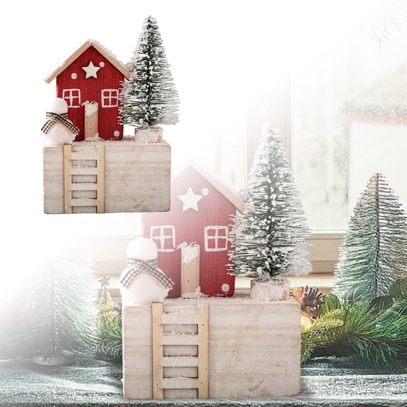Small Christmas House Miniature Figurine Wooden Winter Village Scene Desktop Ornament, Xmas Houses and Trees for Living Room Bedroom Party Decoration Display