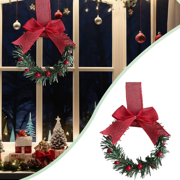 Small Christmas Kitchen Cabinet Wreaths with Ribbon, 8.66 Inch Mini Wreath with Red Ribbon Bow & Berry, Small Kitchen Window Door Decor, Xmas Holiday Cabinet Hanging Ornament