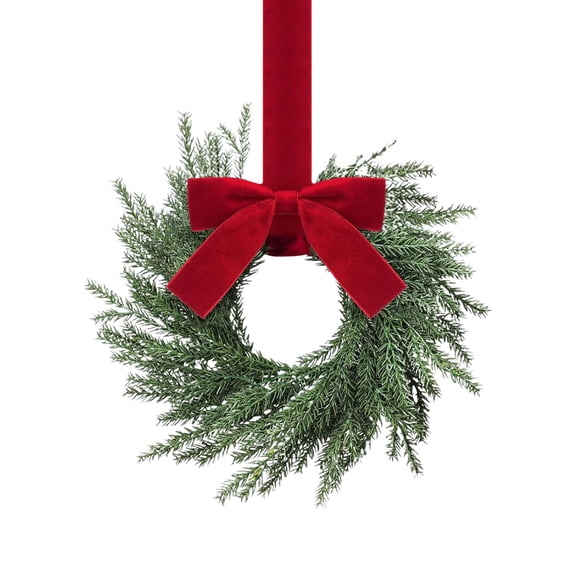 Small Christmas Norfolk Wreaths Evergreen 12.6 Inch Christmas Kitchen Cabinet Mini Wreath Real Touch with Bow and Burgundy Ribbon for Xmas Front Door Window Home Table Pillar Decor