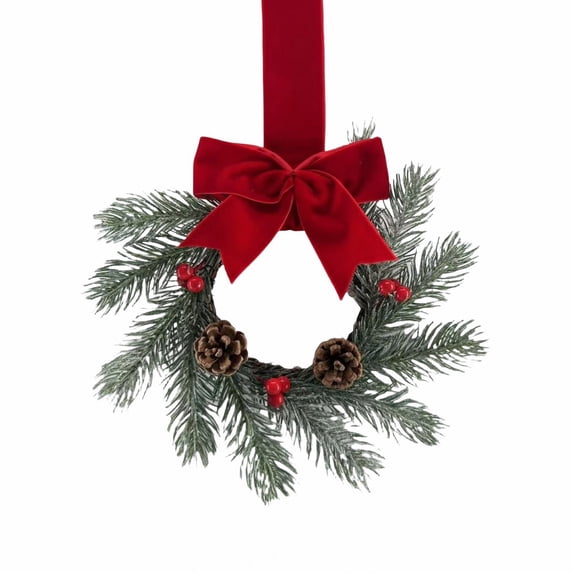Small Christmas Norfolk Wreaths Evergreen Christmas Kitchen Cabinet Mini Wreaths With Bow And Burgundy Ribbon for Xmas Front Door Window Table Pillar Decor Artificial Farmhouse Xmas Hanging Decor