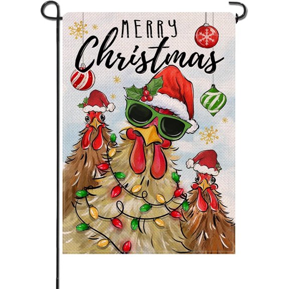 Small Christmas Rooster Decorative Garden Flag Rustic Winter Farmhouse Burlap Double Sided Outdoor Yard Lawn Home Decor 12 x 18