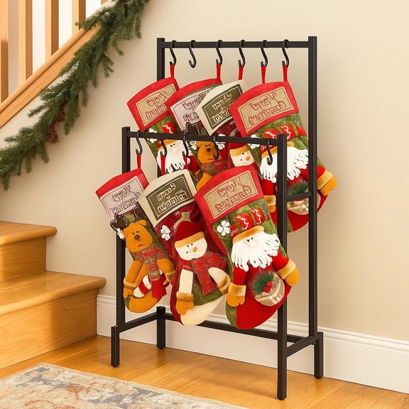 Small Christmas Stocking Holder Stand Christmas Stocking Hanger Display with Removable Hooks and Wheels Heavy Duty Metal Tubes with Stable Base for Home Bathroom Towel Blanket Rack(2 Tier)
