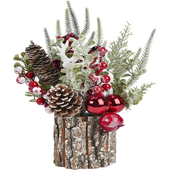 PayUSD Small Christmas Tree Tabletop Artificial Mini Christmas Tree Decorations with Holiday Ornaments Red Berry Pine Cone Reindeer for Home Indoor Fireplace Mantel Xmas Decor (Tree Stump-Red)