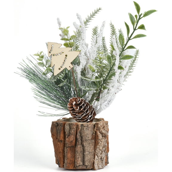 PayUSD Small Christmas Tree Tabletop Artificial Mini Christmas Tree Decorations with Holiday Ornaments Red Berry Pine Cone Reindeer for Home Indoor Fireplace Mantel Xmas Decor (Tree Stump-Green)