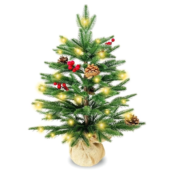 Small Christmas Tree with Lights | Christmas Tree with 57 PE Tips, 8 Pinecones, 8 Berries, 45 Lights | Fluffy Pre-Decorated 2ft Xmas Tree - Add Festival Touch | Green Mini Christmas Tree