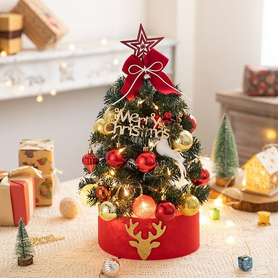Small Christmas Tree with Lights, Pre-Lit Mini Artificial Christmas Tree with Warm White Light, Tabletop Xmas Tree Set with Star Topper & Skirt for Home Office Desk Decor, Indoor